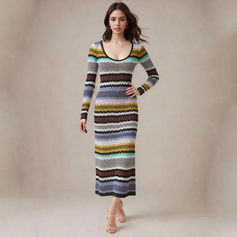 

Elegant Long Knitted Dress High Elastic Long Sleeve Large round Neck Splice Color Women's Fashion Spring Early Autumn New Style