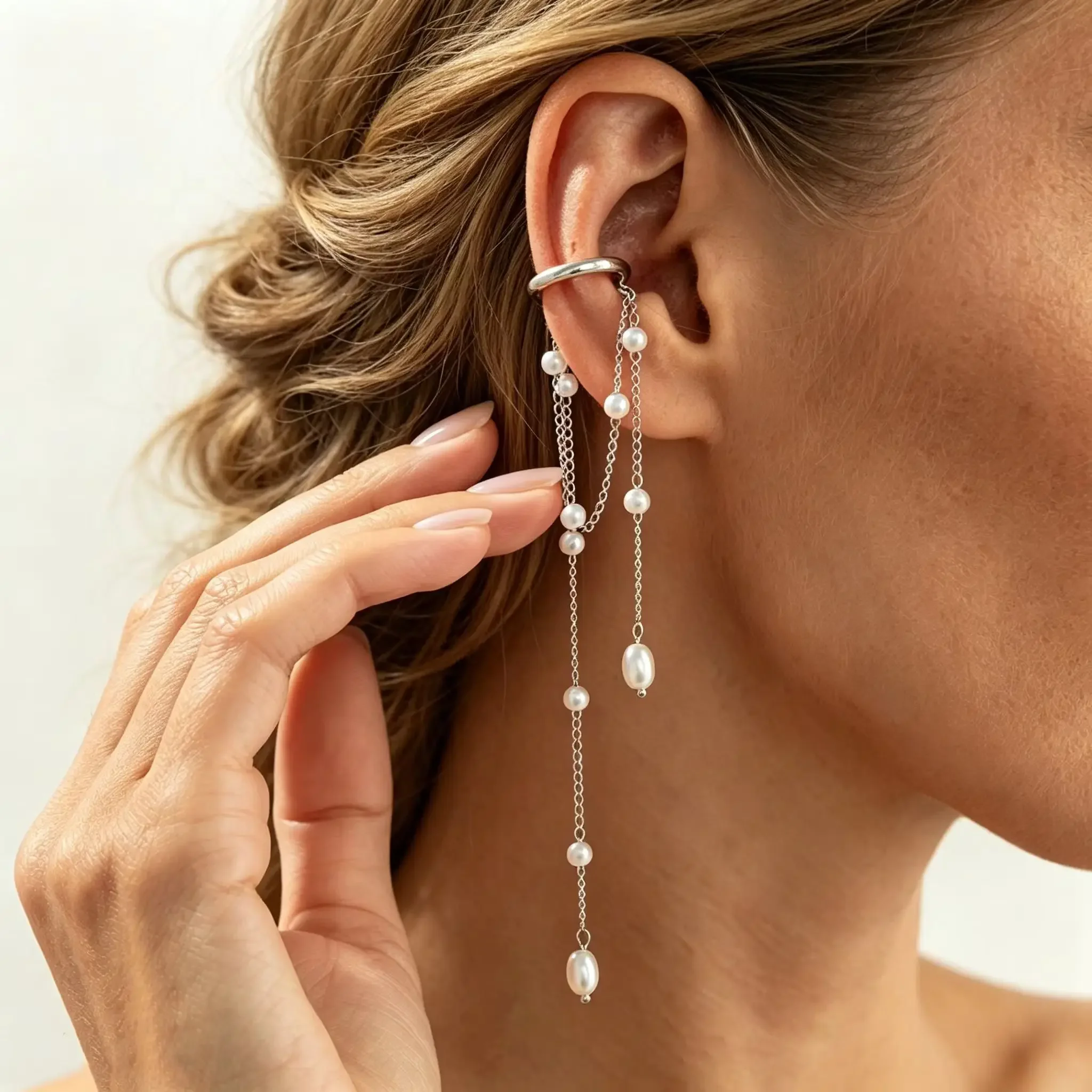 1PC Korean Temperament Imitation of pearls Chain Long Tassel C No Ear Holes Earbone Clip for Women Clips Earrings Jewelry