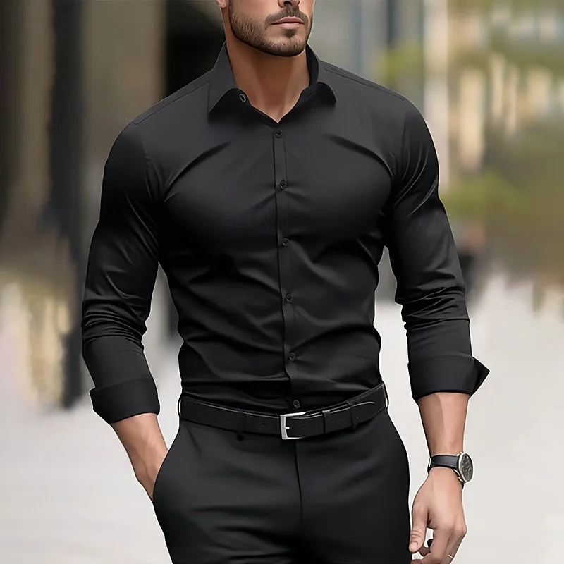 Men's formal shirt solid color wedding outdoor black red navy blue dark green long sleeve lapel summer spring clothing XS-6XL