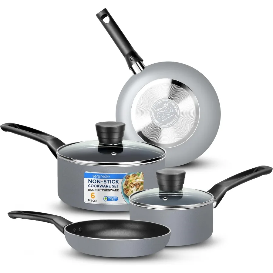 

6Piece Set of Kitchenware Pots Pans with Black NonStick Coating Inside Heat Resistant Lacquer Finish Ideal for Everyday Cooking