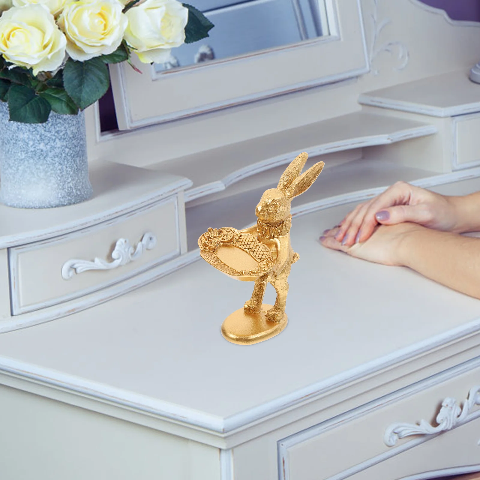 

Retro Bunny Shaped Adornment 1Pc Golden Jewelry Holder Photo Prop Decorative Model Realistic Cartoon Easter Home Display