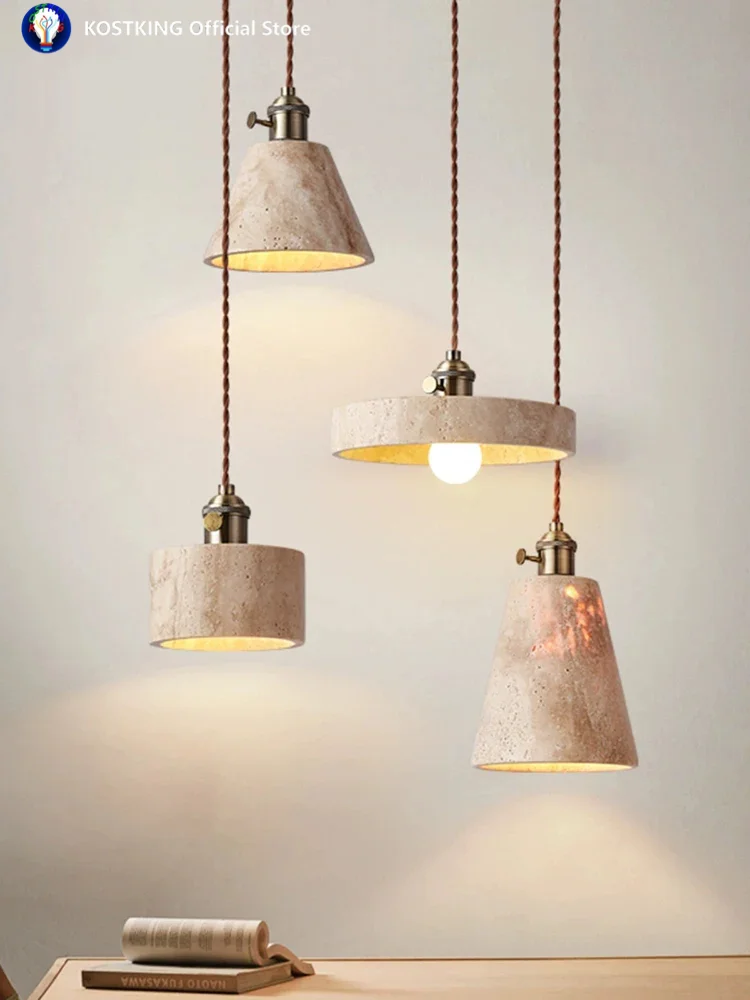 

Led Pendant Lamp Retro Wabi-sabi Style Chandelier Bedroom Bedside Hanging Light For Ceiling Restaurant Stone Long Wire Lighting