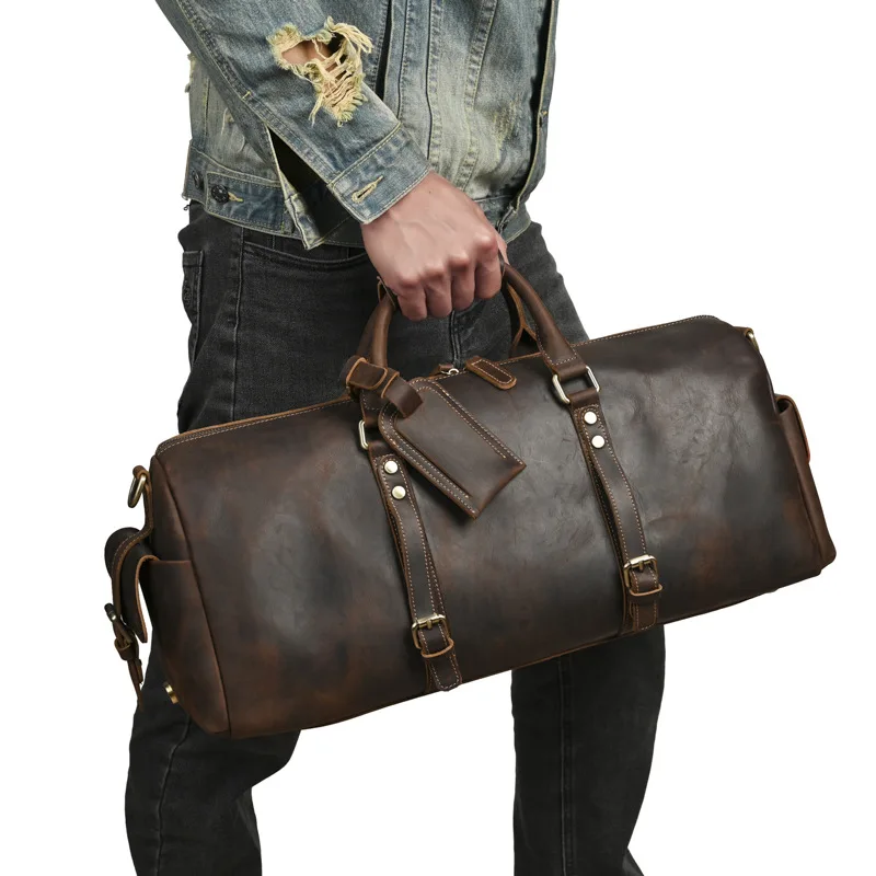 Vintage Crazy Horse Leather Men's Travel Bag Top Layer Cowhide Crossbody Bag Large Capacity Design Hand-Carried Shoulder Bag