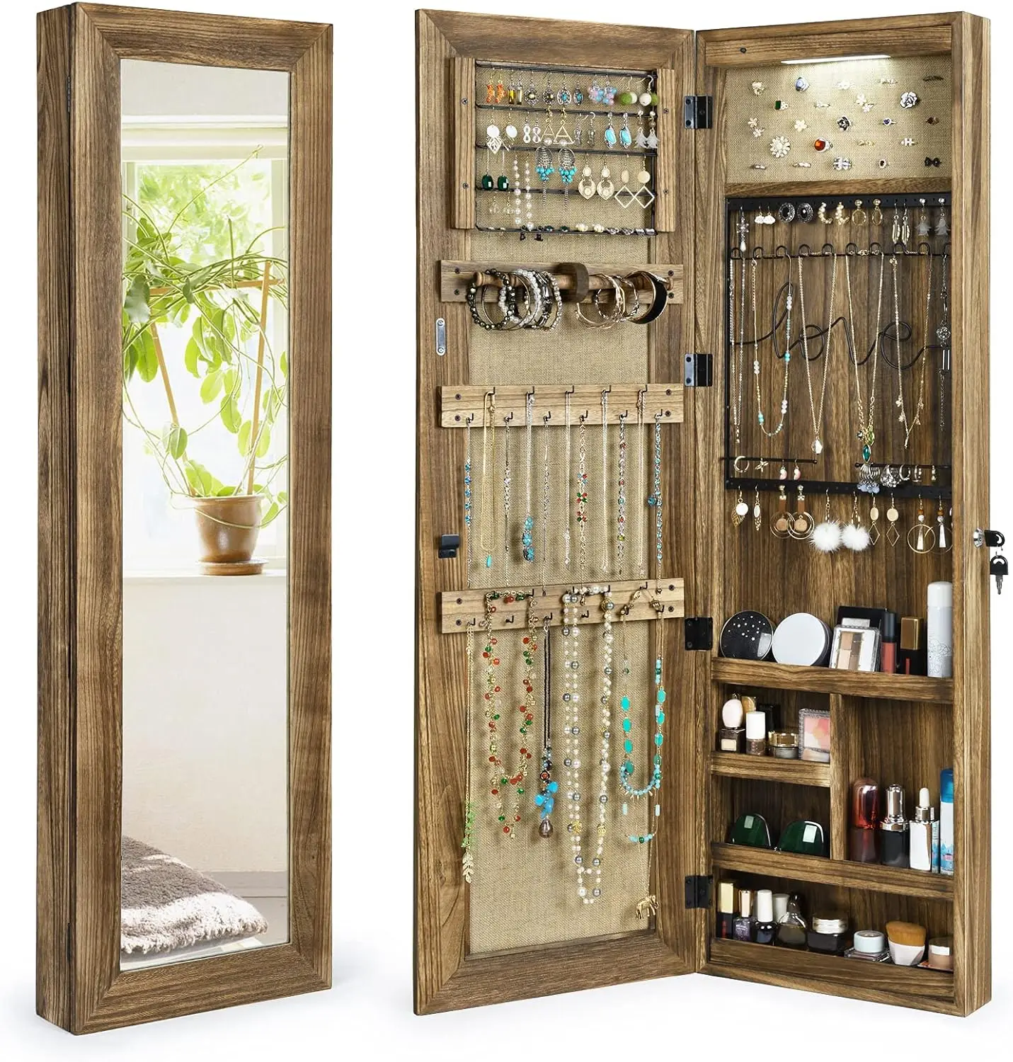 

Jewelry Armoire Cabinet, Solid Wood Jewelry Organizer with Full Length Mirror Wall/Door Mounted(Carbonized Black)
