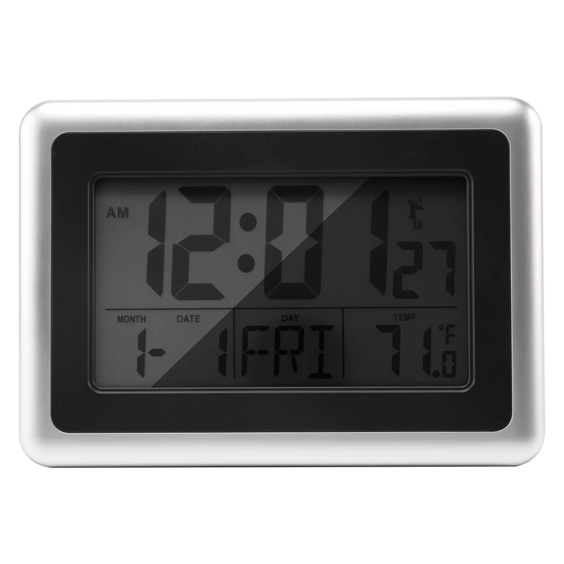 Atomic Digital Wall Clock, Large Lcd Display, Battery Operated, Indoor Temperature, Calendar, Table Standing, Snooze Without Bac