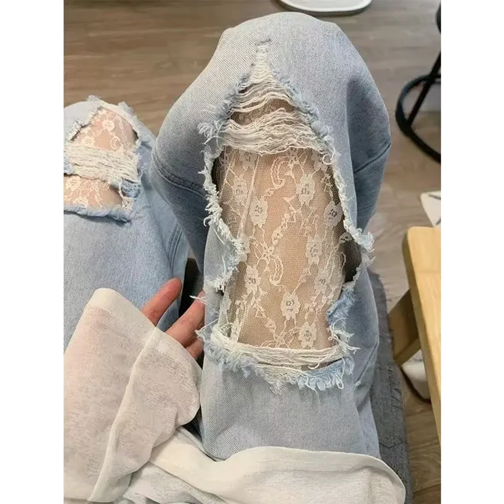

Lace Hole Jeans Women's Spring And Summer Lazy And Relaxed Unique Denim Pants Design Relaxed Joker Simple Fashion Wide-Leg Pants