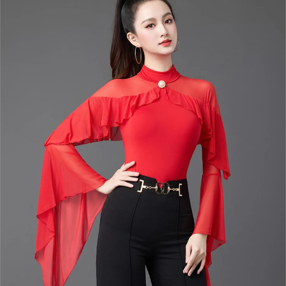 เสื้อแจ็คเก็ตเต้นรำบอลรูมสำหรับผู้หญิง สีแดงไวน์ กระดุมมุก สีเขียวเข้ม เสื้อแสดงโชว์ แขนยาว สง่างาม สำหรับเต้นวอลซ์ จั๊มสูทแต่งระบาย