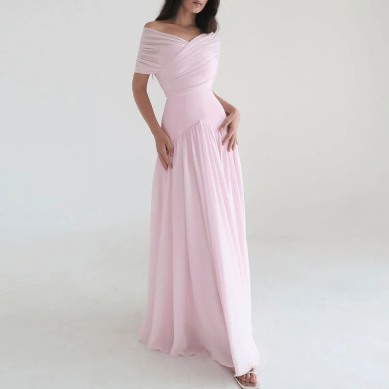 

Summer New Off Shoulder Banquet Maxi Dresses Elegant Solid Color Pleated Evening Dress Temperament High Waist Simple Party Dress
