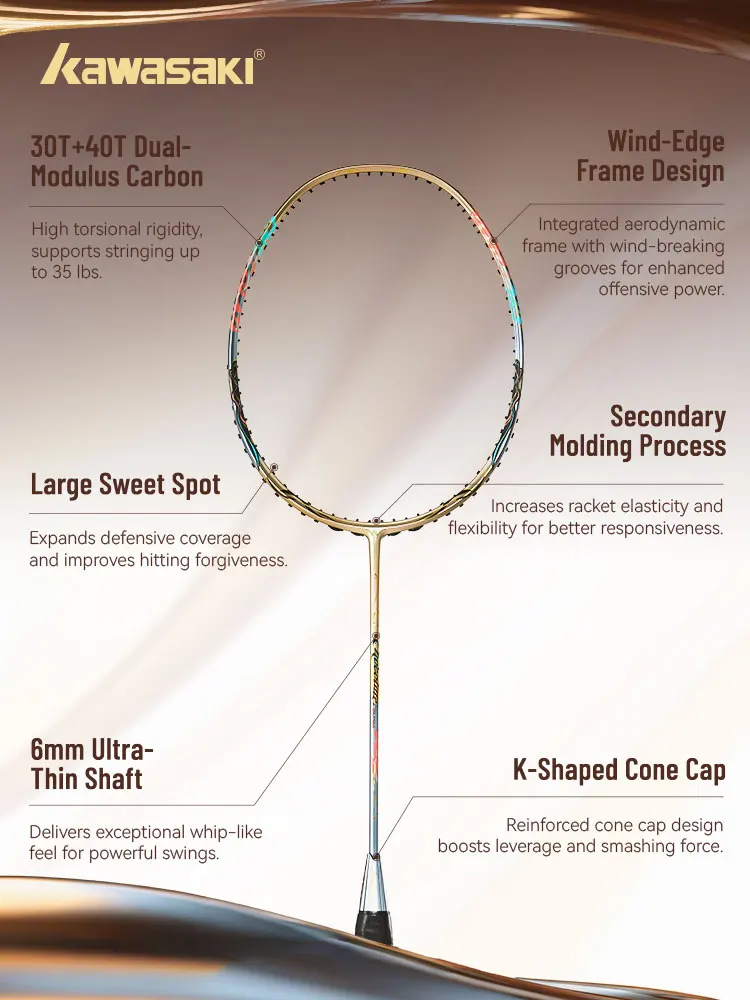 Kawasaki CHOCOLATE ULTRA 4U Carbon Badminton Racket 6.6mm Shaft 18-35LBS High Tension Speed Singles/Doubles Professional Racket