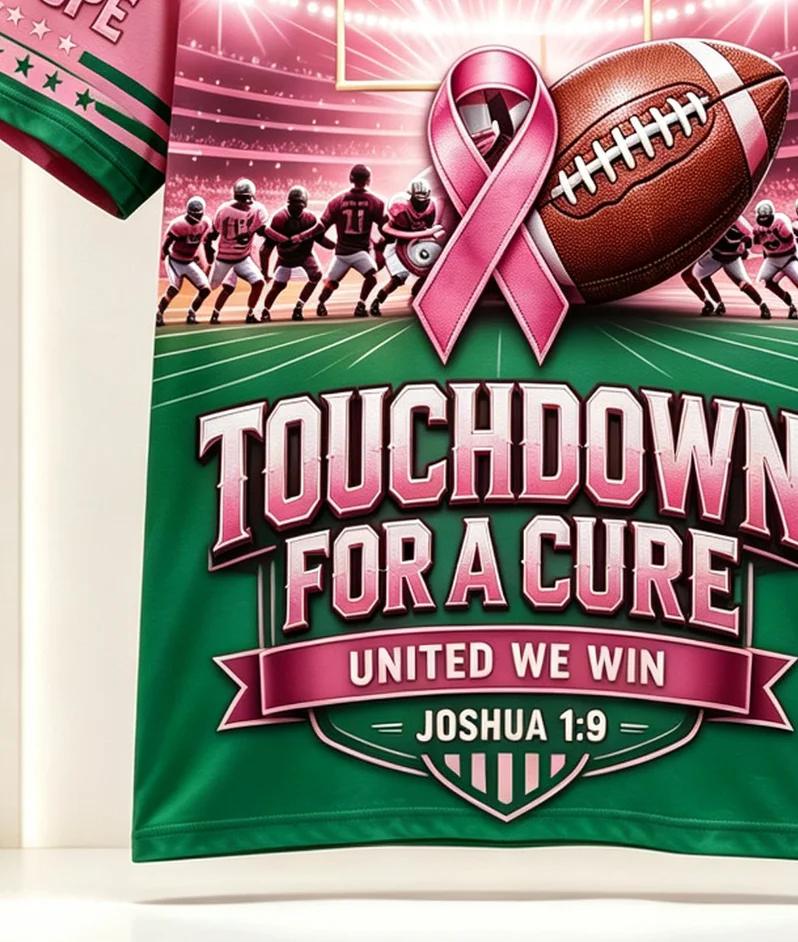 Men's Breast Cancer Awareness Rugby Print T-Shirt, Pink Ribbon Short-Sleeve Round-Neck Casual Home and Leisure T-Shirt