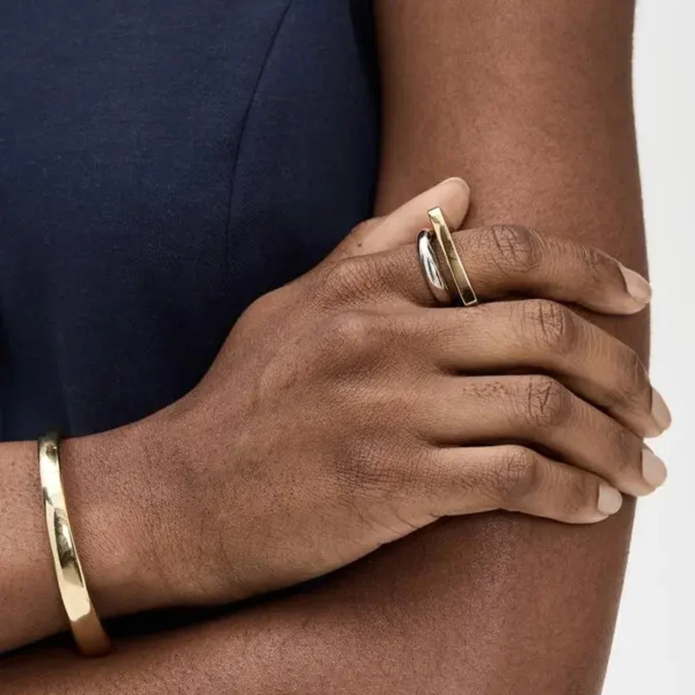 Personality Double-layer Square Shaped Opening Two-tone Women's Rings Unique Hypoallergenic 18K Gold Plated Ring Anillos Jewelry