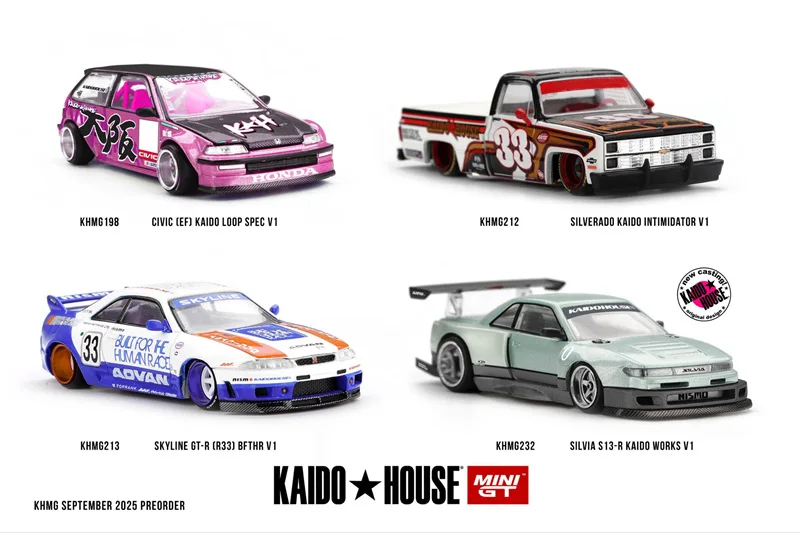 

Предпродажа Kaido House x MINI GT 1:64 Civic EF / Silverado / Skyline R33 / Silvia S13-R V1, литая под давлением модель автомобиля, коллекция миниатюрных моделей