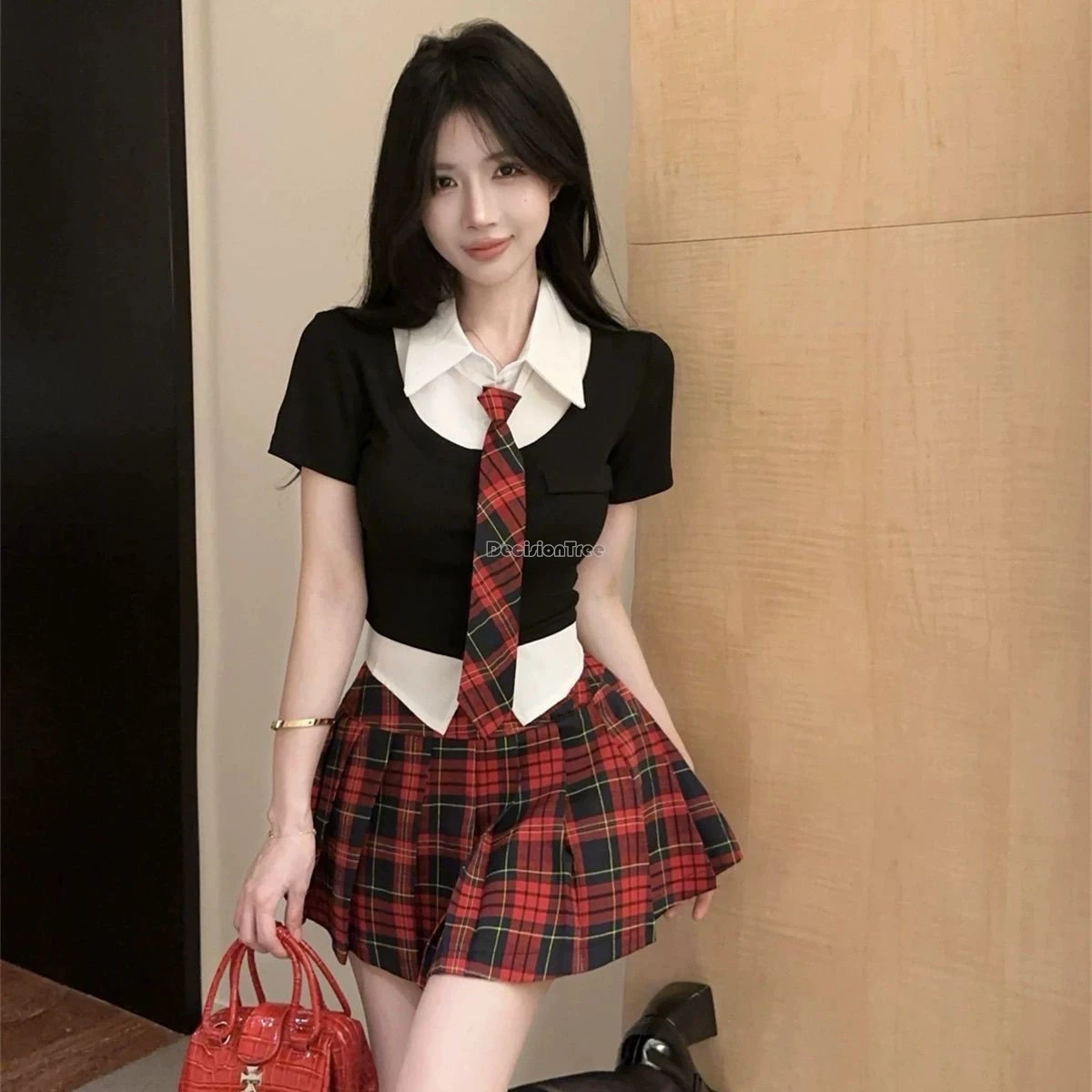 2025 stile coreano colletto polo top a maniche corte a vita alta jk plaid gonne corte 2 pezzi estate ragazze uniforme scolastica jk set