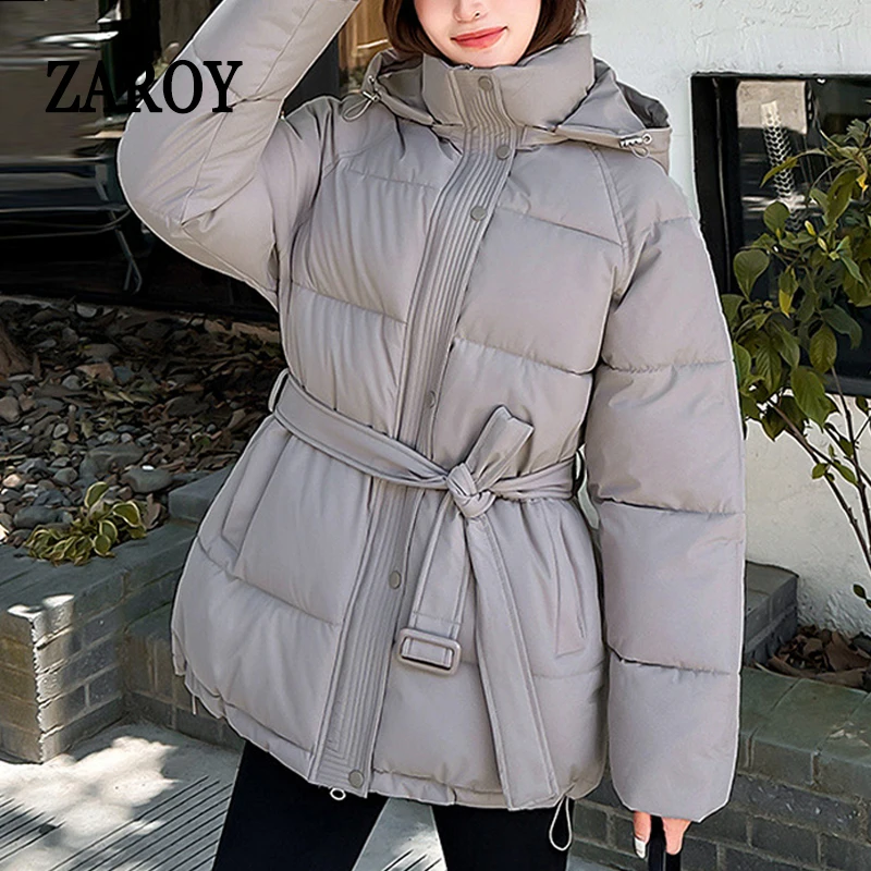 

ZAROY Women Winter Hooded Coats Casual Sashes Cotton Parkas Solid Warm All-match Pocket Belted Jacket Outerwears куртка ж