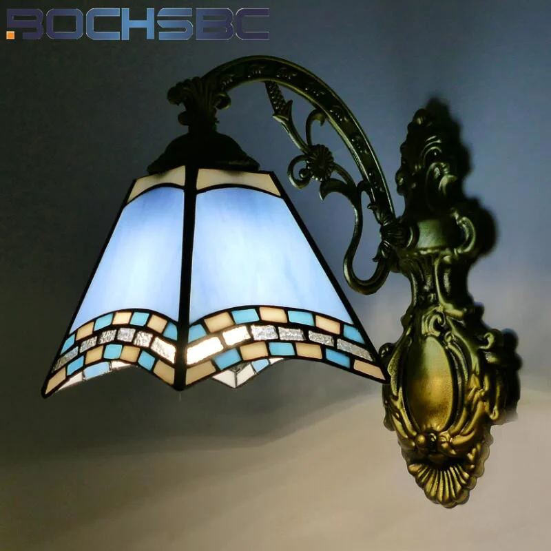 BOCHSBC Tiffany style stained glass lamp shade Mediterranean retro wall lamp for living room bedroom bedside lamp aisle LED deco