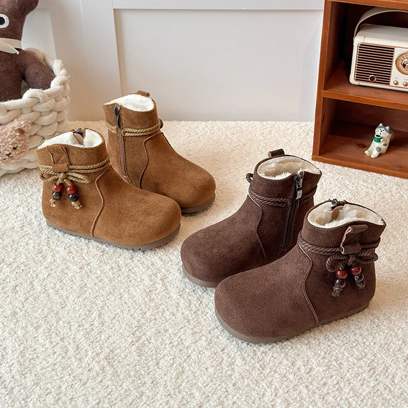 

Winter New Girls Cotton Shoes Little Kids Fleece Thick Warm Boots Solid Color Retro Footwear Boots Size 23-35