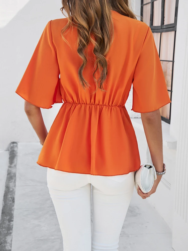 New Spring and Summer V-neck Solid Color Elegant Shirt Five-quarter Sleeve Strap Waist Top Black/white Women's Office Lady Tops