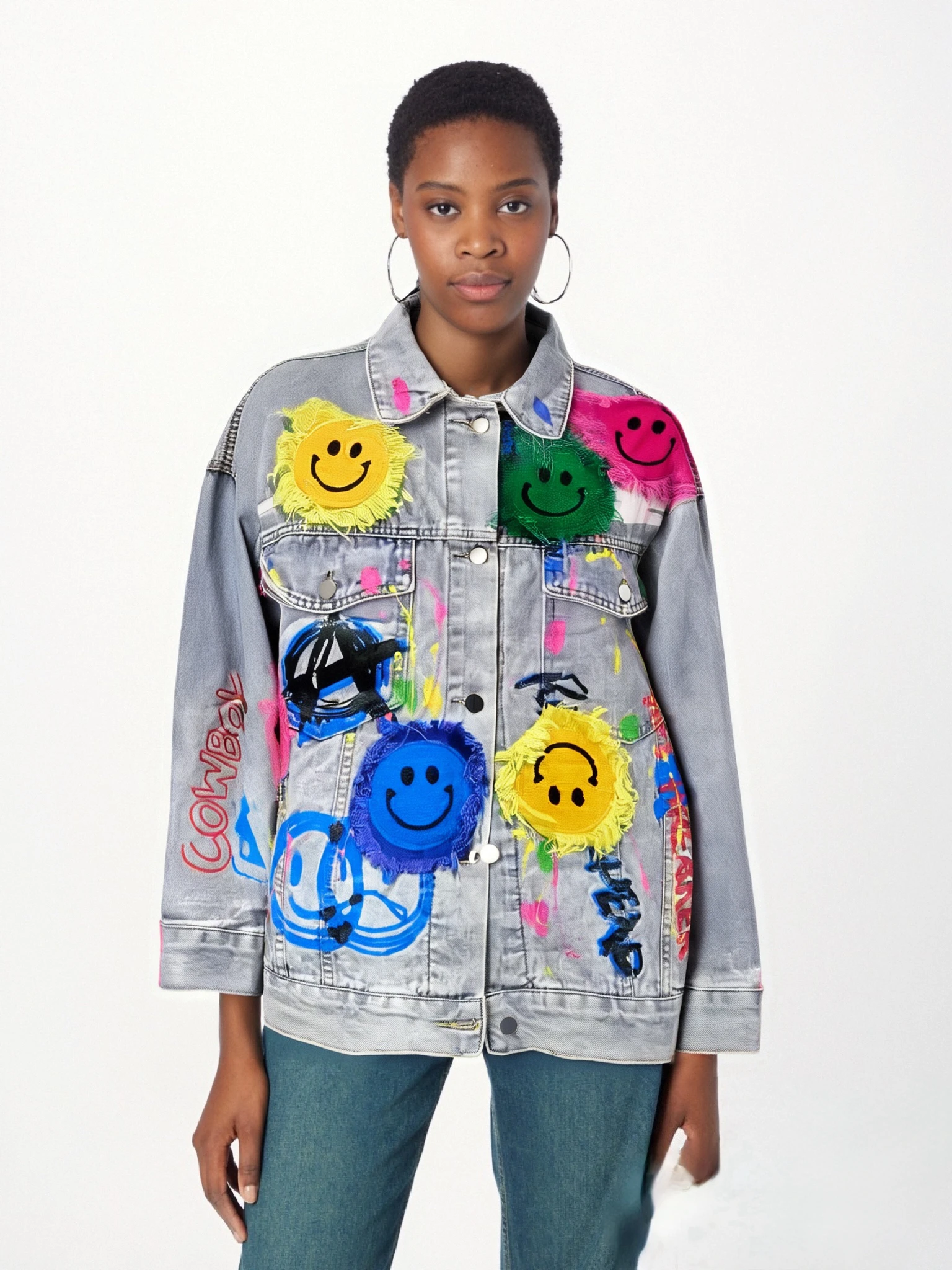 

European and American personalized denim jacket for women, heavy-duty patch graffiti smiley face trendy brand light luxury j