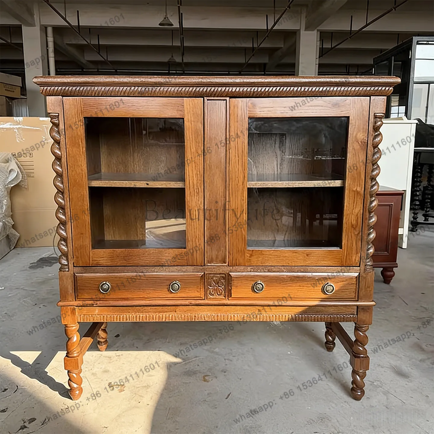 

American solid wood dining side cabinet glass door twist legs storage carved side cabinet restaurant furniture