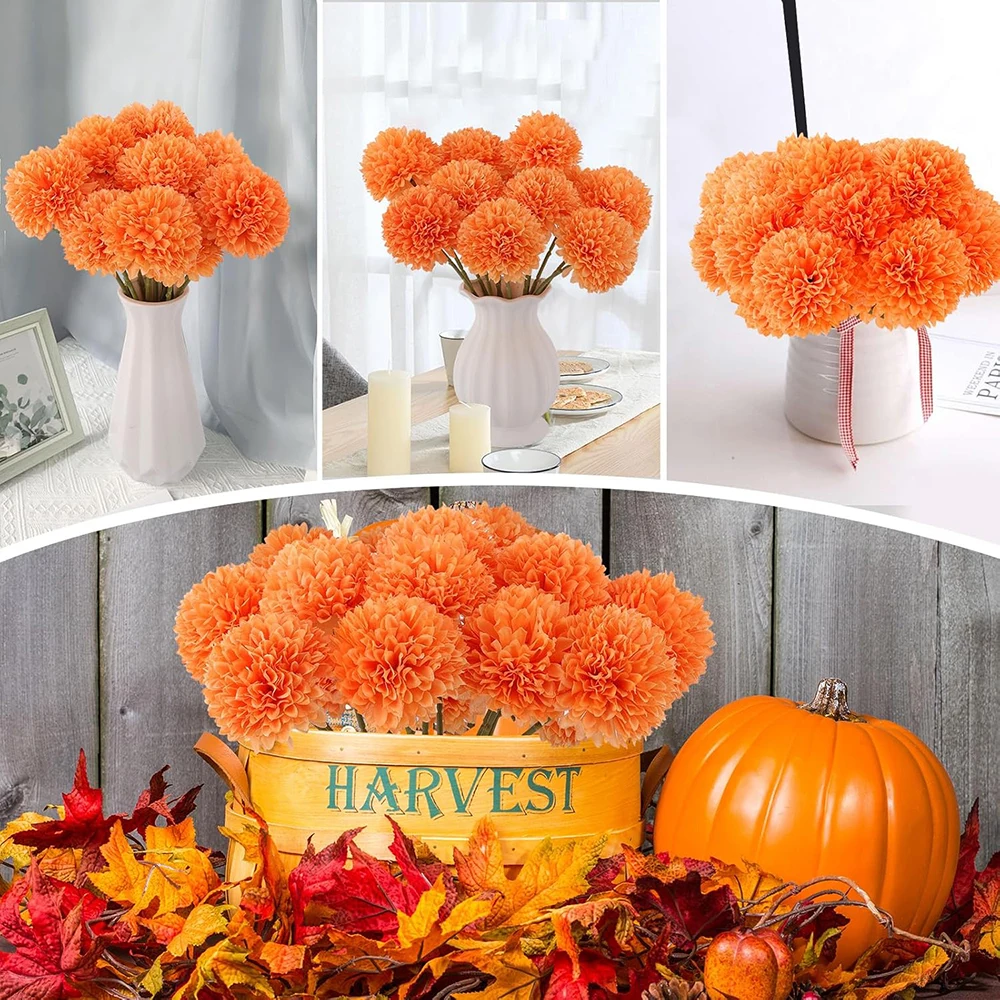 Yannew 15pcs Artificial Chrysanthemums Flowers Orange Silk Mums Ball Flowers for Bridal Wedding Bouquets Home Indoor Decoration