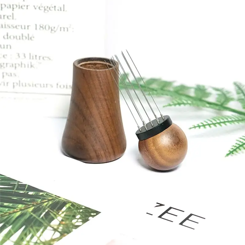 AEE4-Espresso Coffee Stirrer Needles 0.4Mm Espresso Distribution Tools Natural Wood Handle And Stand
