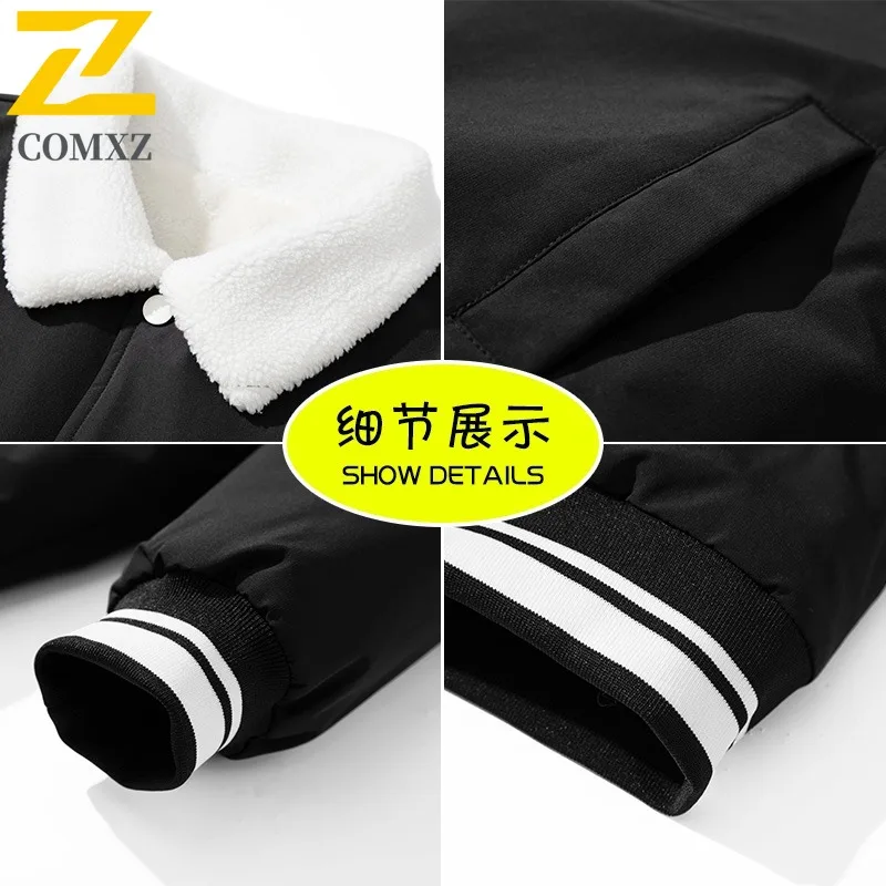 COMXZ 2025 Autumn Winter Sherpa Print Collar Cotton Jacket Unisex Loose Fit Thick Warm Outwear tactics lightweight windbreaker