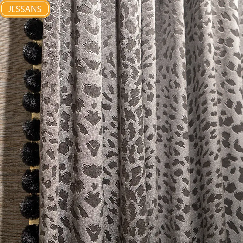 High-end Dark Gray Leopard Velvet Jacquard Thickened Curtains for Living Room Bedroom French Window Customized Finished Products