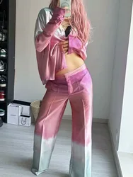 Woman Tie-dye Print Shirt Pants Set V-neck Long Sleeves Satin Shirt High Waist Wide Leg Silken Pants Fall New Female Chic Suit