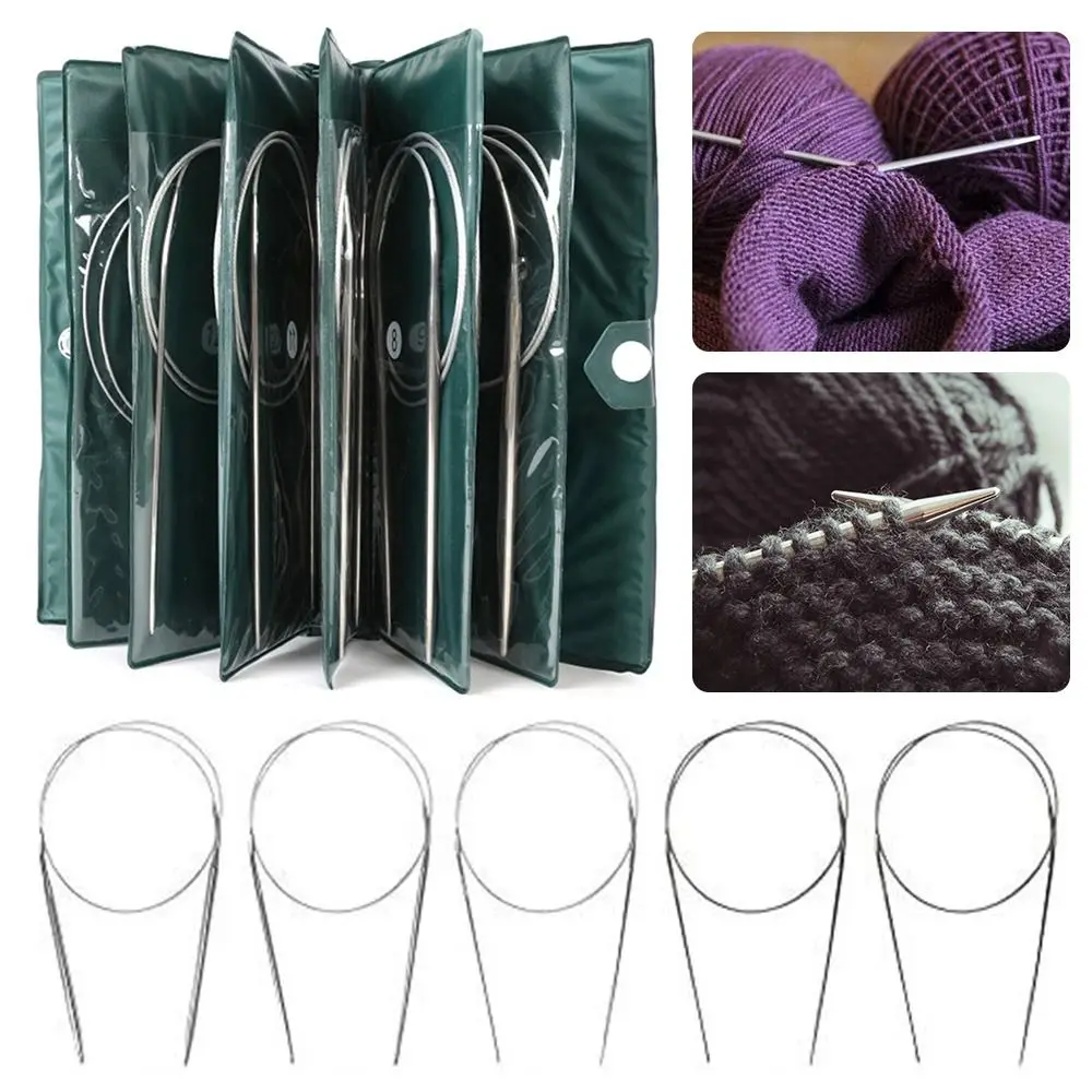 11PCS Stainless Steel Circular Knitting Needles Crochet Hook Set Yarn Weave DIY Craft Tools With Bag 43/65/100/120cm Length