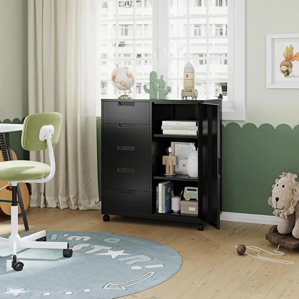 Letaya 5 Drawer Storage Cabinet, Mobile Printer Stand for Home Office,Dresser Chest with Shelves and Door(Black)