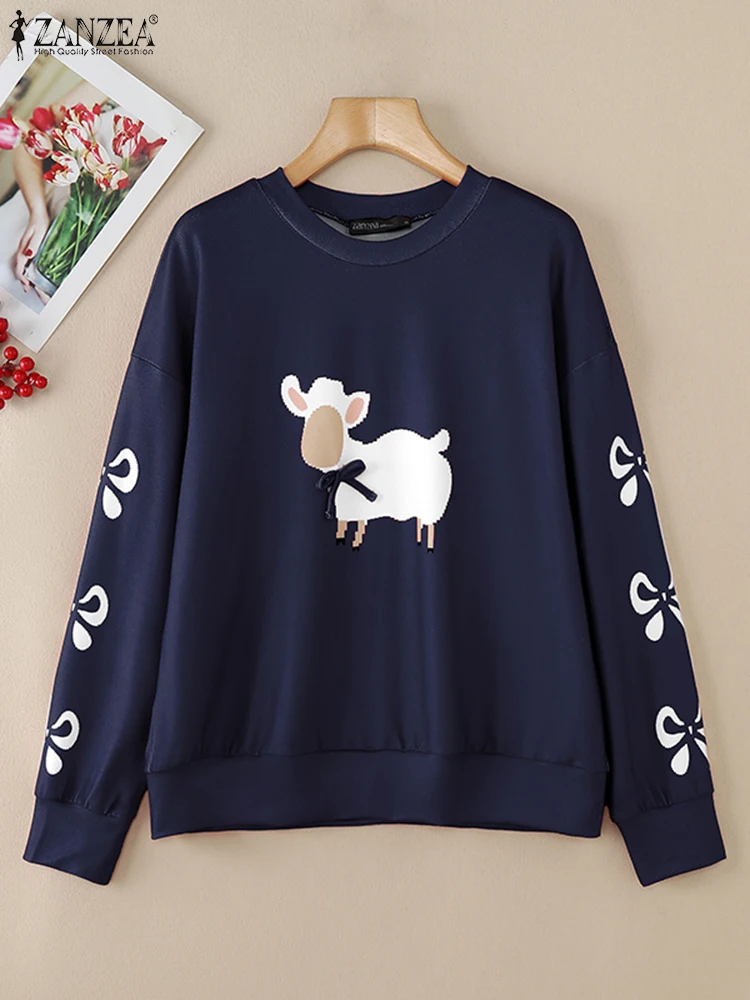 ZANZEA Women Cartoon Print Pullover 2025 Spring Thin Knit Tees Casual Loose New Year Clothes Holiday Long Sleeve T-shirts Femme