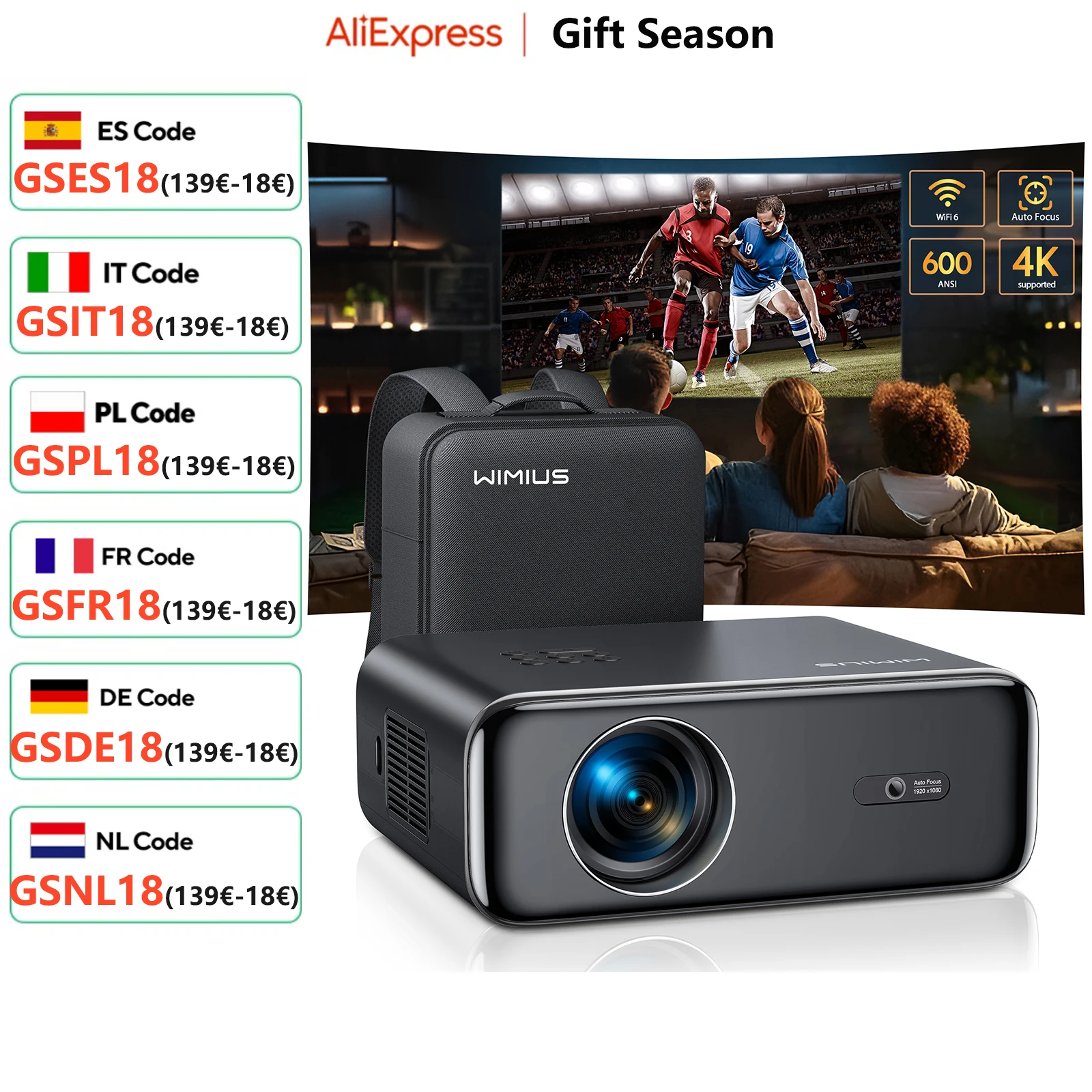 Auto Focus/4K supporto proiettore nativo 1080P con WiFi 6 e Bluetooth 5.2 600ANSI proiettore domestico esterno 6D Keystone