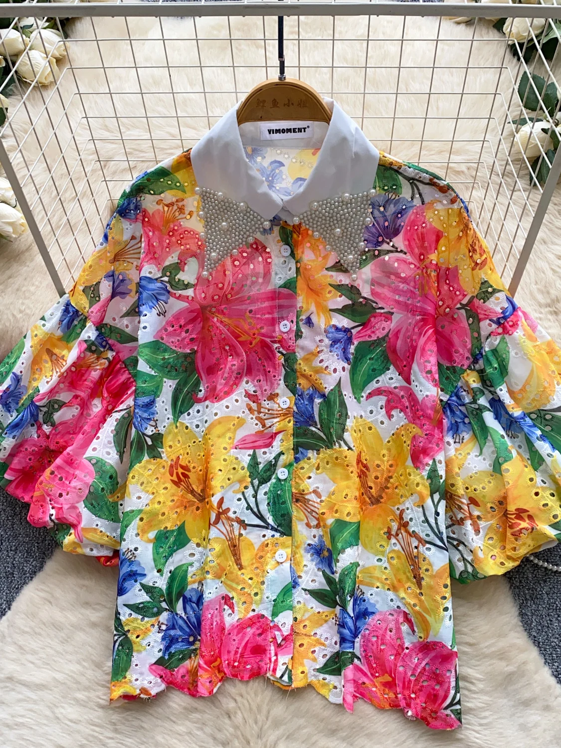

Summer Heavy Embellished Diamond Doll Collar Lantern Sleeve Printed Loose Slimming Open Cardigan Shirt Women's Fashion