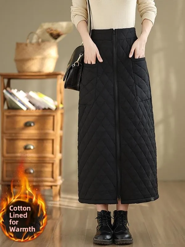

Thiened Cotton down Skirt High Waist Large Size Extended Length Windproof Warmth A-Line Skirt for plus Size Women