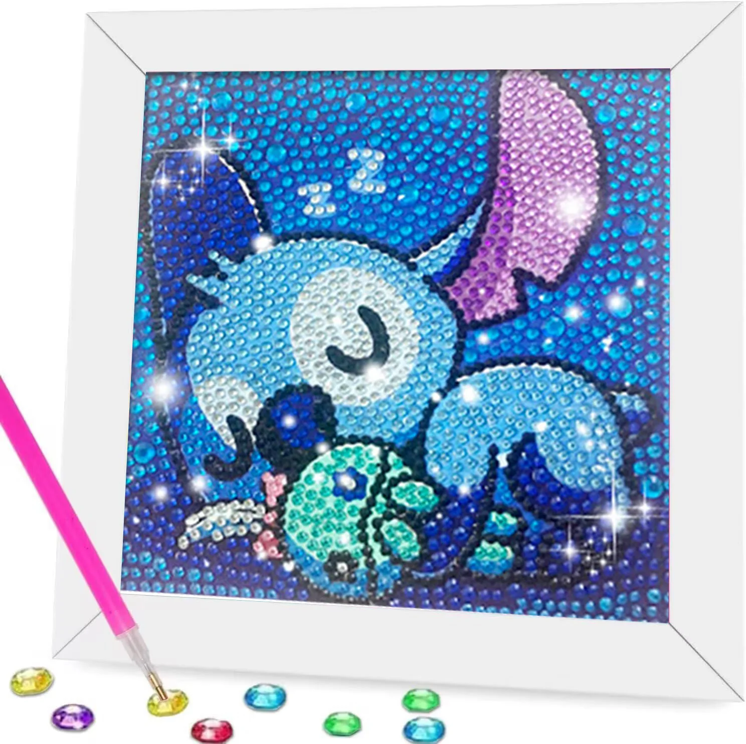 Kit de Pintura de Diamantes 5D de 18x18cm con Marco Blanco, Diseño de Alien Azul con Orejas Grandes y Fondo de Burbujas Cian, Estilo Boba Milk Tea