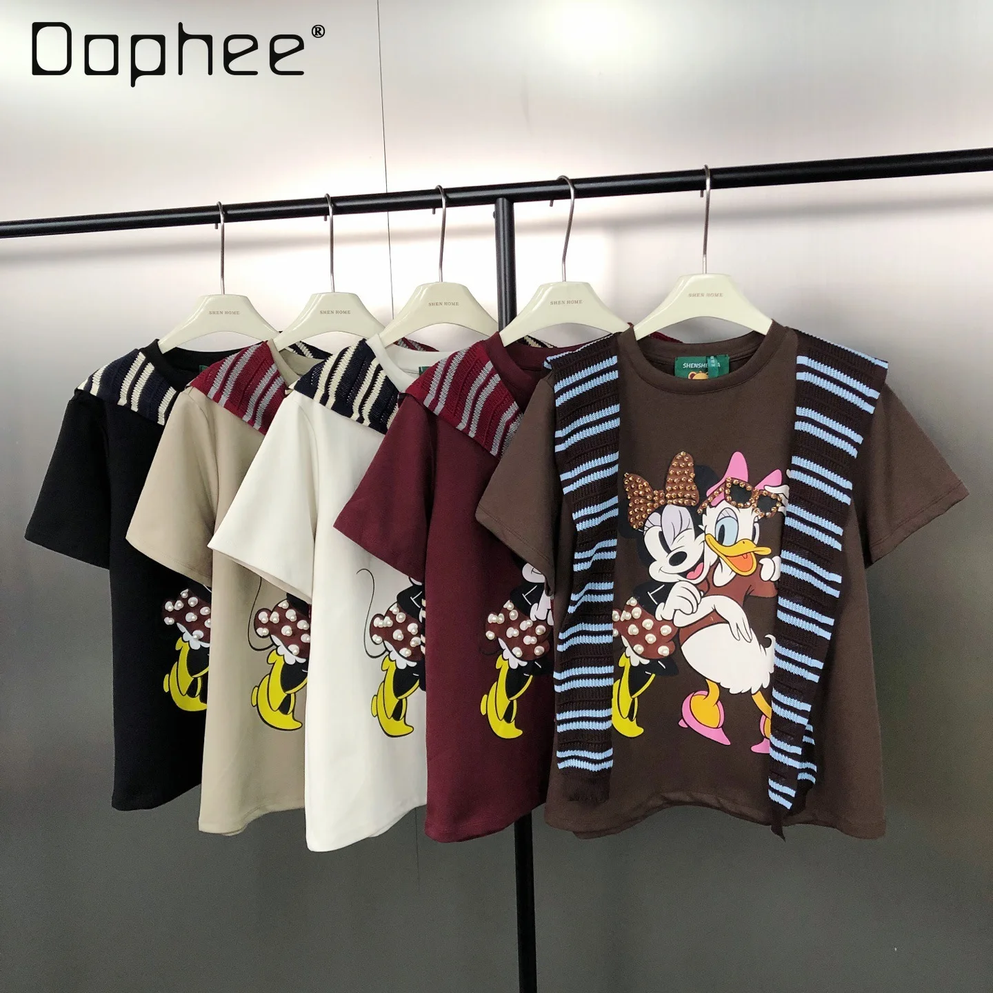 

American Retro Loose Versatile Cartoon Beaded Print Striped Shawl Design Round Neck Short Sleeve T-Shirt for Women Y2k Top