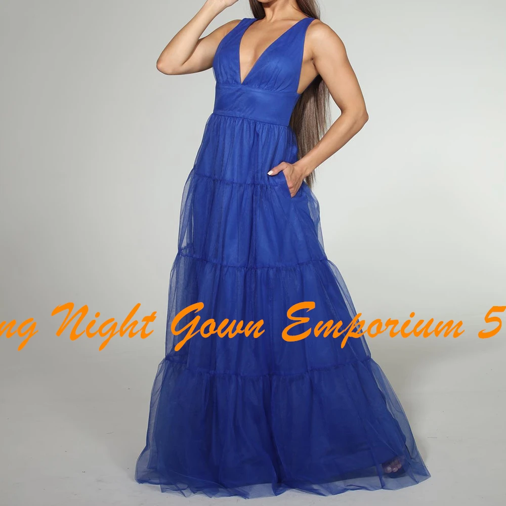 Customized Modern Pleats V-Neck Evening Dresses Fashion A-Line Spaghetti Straps Zipper Back Blue Organza Party Gowns فساتين سهرة