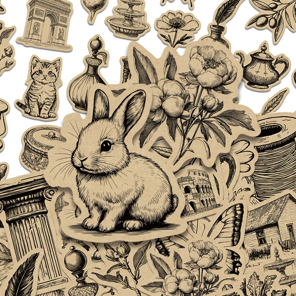50pcs Retro Kraft Paper Stickers Decals For Phone Scrapbook Laptop Suitcase Guitar DIY Vintage Aesthetic Stickers Creative Gifts