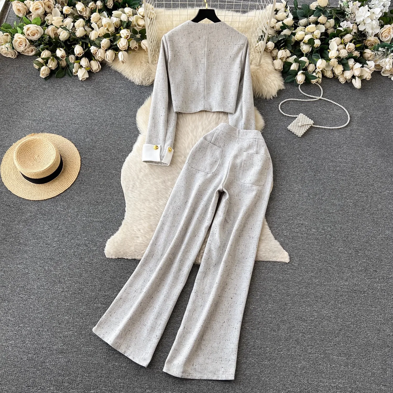 Grey women\'s tweed 2-pcs set long sleeved round neck jacket+high waisted pants new spring/autumn small fragrance style set