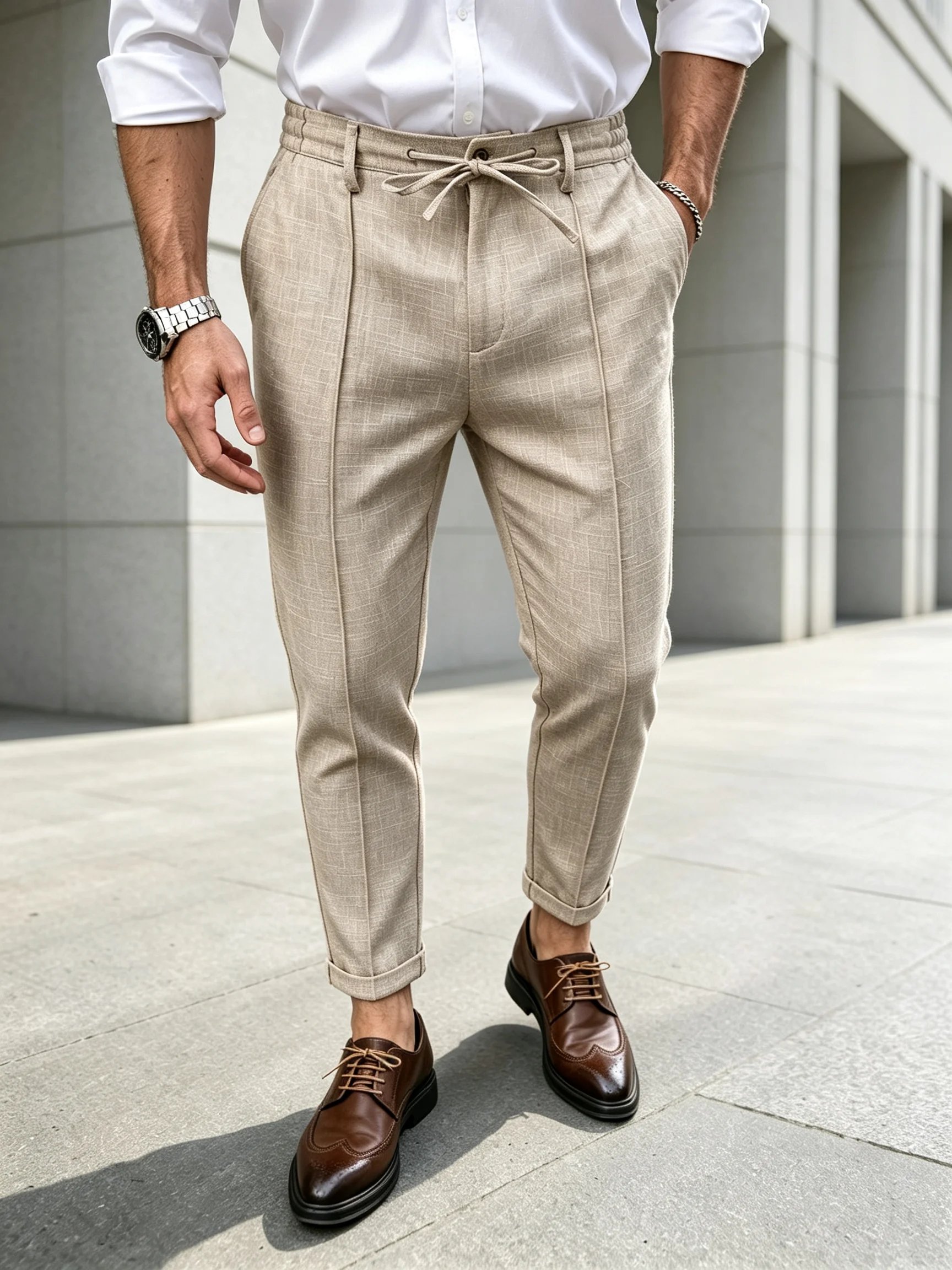 Men Beige Grid Linen‑Look Drawstring Waist Dress Pants, Center Seam Pleat Cuffed Cropped Ankle‑Length Business Casual Tapered