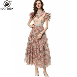 Women's Runway Dresses Ruffled Collar Short Flare Sleeves Sequined Floral Printed A Line Elegant Fashion Maxi Party Gown