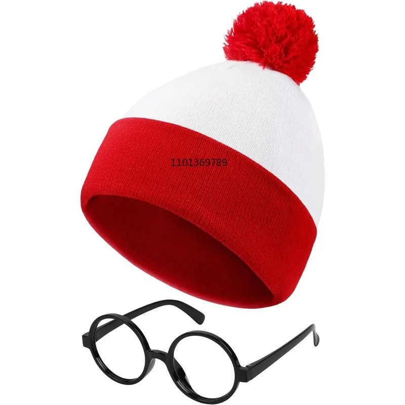 Winter Autumn Halloween Costume Red White Knit Beanie Hat with Pompoms Nerd No Lenses Glasses for Men and Women anime hat caps