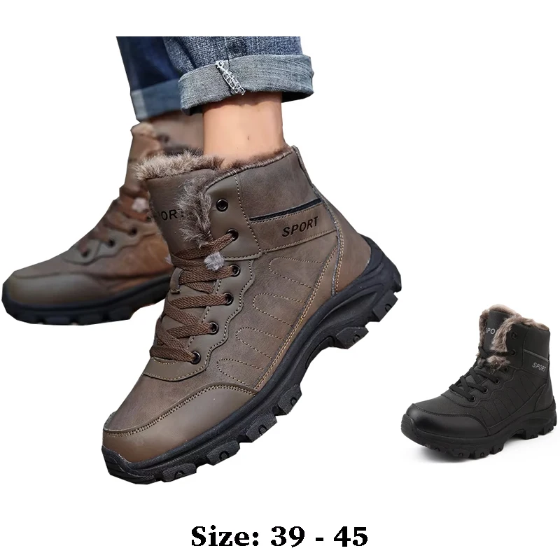 

High quality ankle length leather snow boots for men size 44 45 new 2025 winter outdoor hiking mountain shoe black brown