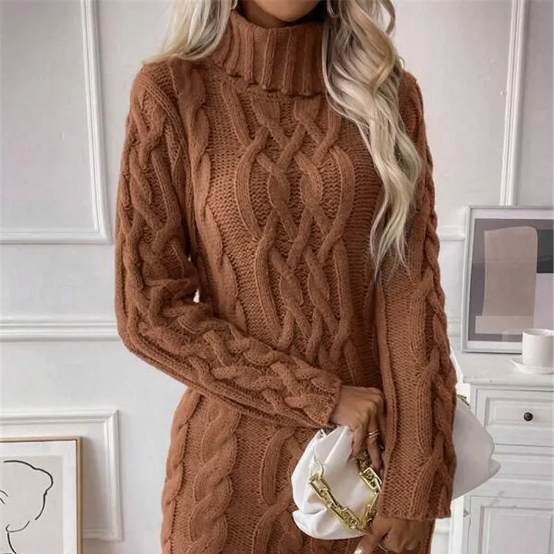 Dresses Women\'s Autumn Winter New High Necked Twisted Flower Slim Fit Sweater Knitted Long Sleeved Casual Elegant New Fashion