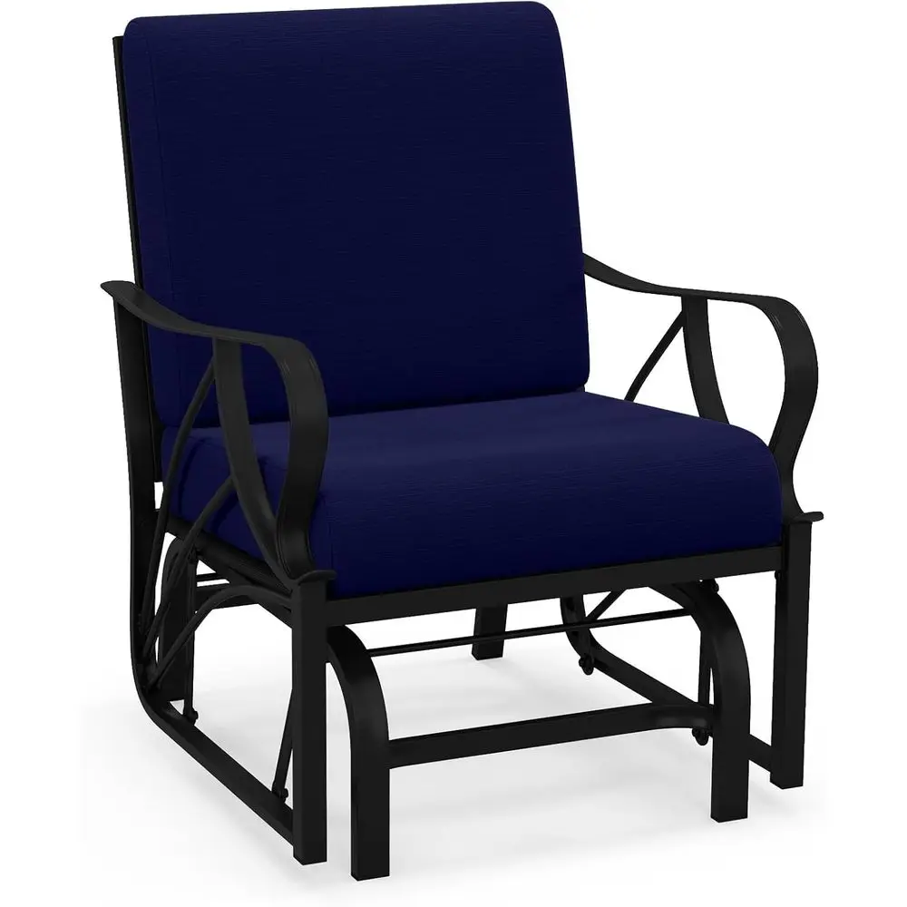 

Durable Metal Outdoor Glider Chair with Cushion, Curved Armrests, Navy Blue for Patio, Garden, or Porch