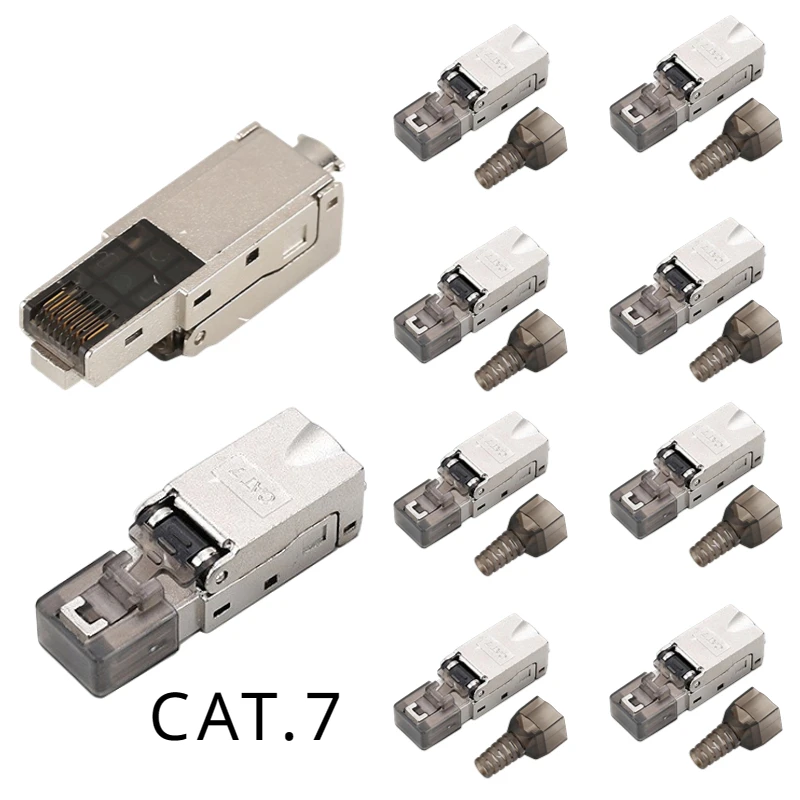 RJ45,8P8C tool free CAT.7, network cable crystal head perforated adapter zinc alloy metal shell with protective cover