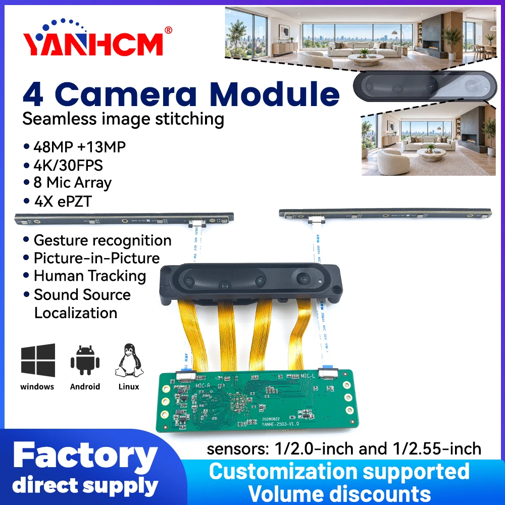 4 Camera Stitching Module 145° Ultra Wide Angle 48MP 4K HD 30fps 8000*6000 4xEPTZ USB 2.0/3.0 8 Mic Array For video conferencing