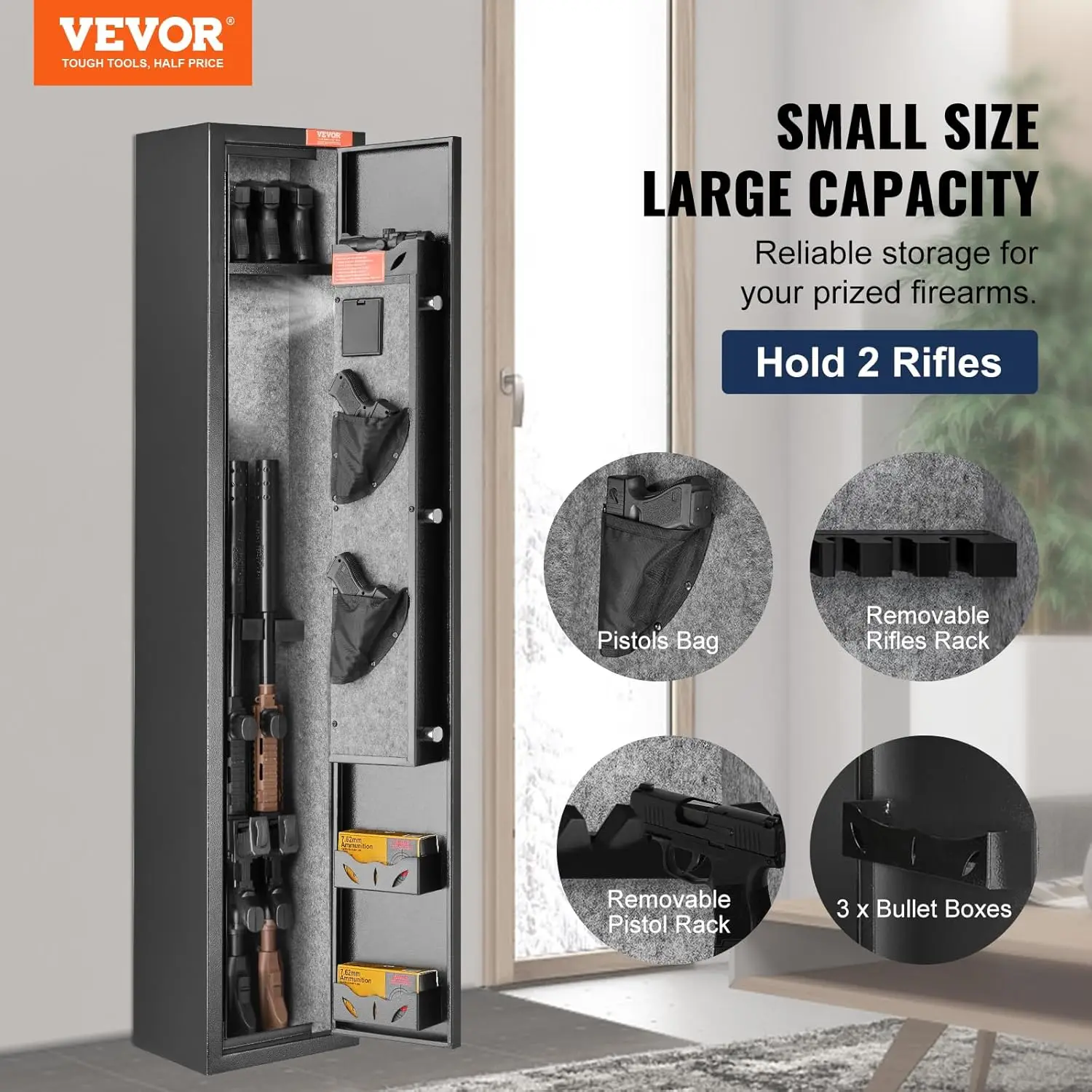 Gun Safe for 2 Rifles, Equipped with Locking Mechanism & Digital Code Entry, Fast-Access Firearm Storage Unit with Adjustable Sh