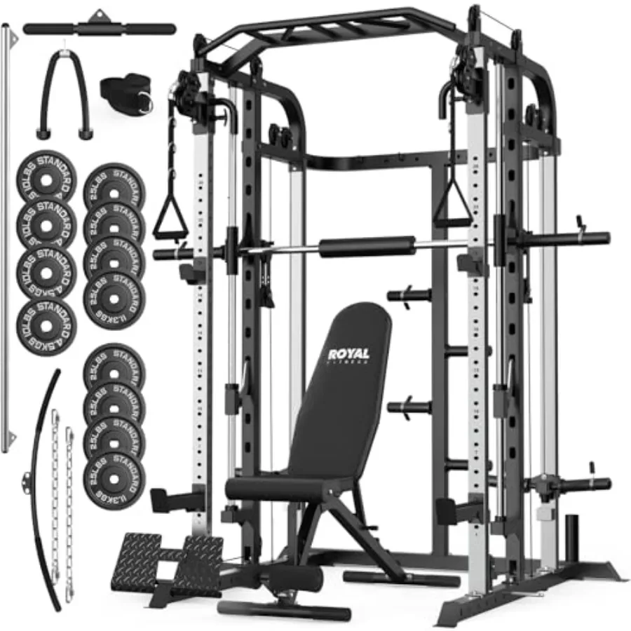 Home gym Smith machine power cage rack with steel frame, black finish, multifunctional cable pulley and LAT pull-down system