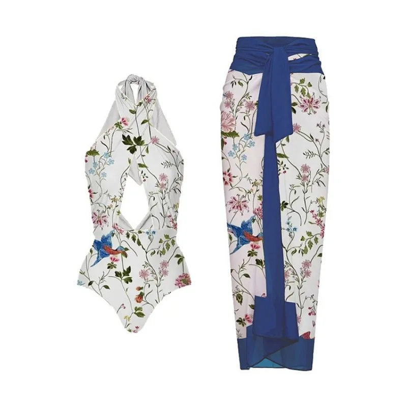 

Women's Floral Cutout Halterneck Swimsuit, One Piece Swimwear Cover Ups Pareo Designer Bathing Suit Summer Holiday Luxury Suit